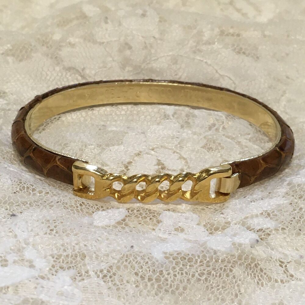Vintage Snakeskin Bracelet Gold Tone Brown Italy Made Gold Plated 24 kt